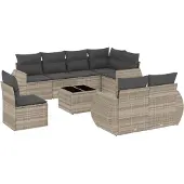 vidaXL 9-delige Loungeset met kussens poly rattan lichtgrijs