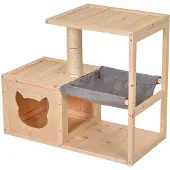 PawHut Paws Kattenhuis met hangmat en krabpaal sparrenhout natuur