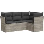 vidaXL 4-delige Loungeset met kussens poly rattan lichtgrijs