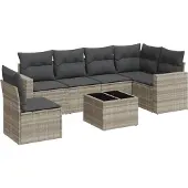 vidaXL 7-delige Loungeset met kussens poly rattan lichtgrijs