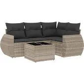 vidaXL 5-delige Loungeset met kussens poly rattan lichtgrijs