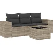 vidaXL 4-delige Loungeset met kussens poly rattan lichtgrijs