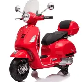 Vrooomy Vespa GT Elektrische kinder scooter, 7,2V (3–6 jaar) – Officieel gelicenseerd, met bagageruimte, stabilisatorwielen en lederen zadel – Elektrische kinder scooter – Rood