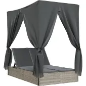 vidaXL Ligbed tweepersoons met dak en gordijn poly rattan lichtgrijs