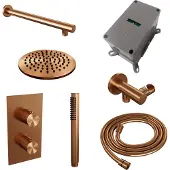 Brauer Carving Inbouwset Met 3-weg Thermostaat - Hoofddouche 20cm - Rechte Wandarm 40cm - Staafhanddouche - Wandaansluiting - Geborsteld Koper PVD - Kranen, Douchekranen, Douchesets, Inbouw