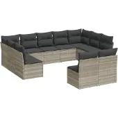 vidaXL 11-delige Loungeset met kussens poly rattan lichtgrijs