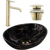 REA Wastafel Sofia Black Marble + Kraan Lungo Gold High + Universele Plug Gold