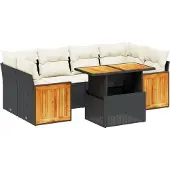 vidaXL 7-delige Loungeset met kussens poly rattan zwart