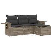 vidaXL 4-delige Loungeset met kussens poly rattan lichtgrijs