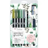 Tombow Watercoloring set - Greenery - 5 ABT Dual Brush Pennen - Waterbrush - Fineliner - Gum