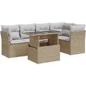 vidaXL 6-delige Loungeset met kussens poly rattan beige