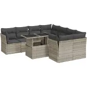 vidaXL 9-delige Loungeset met kussens poly rattan lichtgrijs