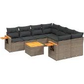 vidaXL 9-delige Loungeset met kussens poly rattan grijs