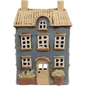 Clayre & Eef Waxinelichthouder Huis 16x10x23 cm Blauw Beige Keramiek Theelichthouder Blauw Theelichthouder
