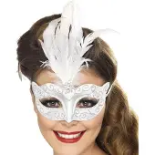 Vegaoo Venetiaans zilverkleurig masker met witte veren voor volwassenen