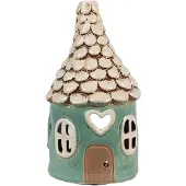 Clayre & Eef Waxinelichthouder Huis Ø 11x20 cm Groen Keramiek Theelichthouder Groen Theelichthouder