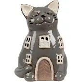 Clayre & Eef Waxinelichthouder Kat 15x12x21 cm Grijs Keramiek Theelichthouder Grijs Theelichthouder