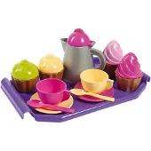 Androni Cupcake Theeset - Kunststof speelset - Dienblad met 2 kopjes en 2 schoteltjes - 4 cupcakes