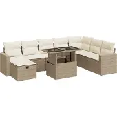 vidaXL 9-delige tuinmeubelset met kussens, beige, van polyrotan