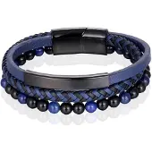 Memphis Heren armband Tijgeroog kraal gevlochten leer Zwart Blauw - 21cm