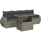 vidaXL 5-delige tuinmeubelset met kussens, grijs, polyrotan