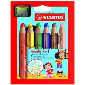 Stabilo woody 3 in 1 - Multi Talent Kleurpotloden - Etui Met 6 Kleuren + puntenslijper