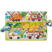 Goki Puzzel: IN DE STRATEN 30x21x0,8cm, 7-delig, hout, met achtergrondtekeningen, 1+