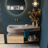Mondiaz riva 120 cm badmeubel onderkast /planchet kleur washed_oak met 1 lade. Wastafel dulcet links 0 kraangaten kleur smoke.
