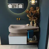 Mondiaz riva 100 cm badmeubel onderkast /planchet kleur clay met 1 lade. Wastafel dulcet links 0 kraangaten kleur smoke.