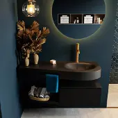 Mondiaz riva 120 cm badmeubel onderkast /planchet kleur urban met 1 lade. Wastafel dulcet rechts 1 kraangat kleur urban.