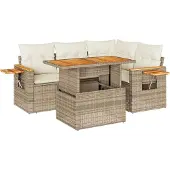 vidaXL 5-delige Loungeset met kussens poly rattan en acaciahout beige