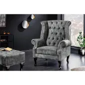 Invicta Design vleugelfauteuil CHESTERFIELD 105cm grijs fluweel zilver klinknagels veerkern - 43520