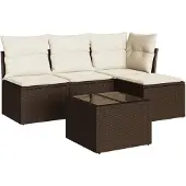 vidaXL 5-delige Loungeset met kussens poly rattan bruin