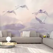 Karo-art 294cm X 210cm - Zelfklevend fotobehang - Vliegende Zwanen, Aquarel (Paars) Premium print