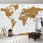 Karo-art 196cm X 140cm - Zelfklevend fotobehang - Wereldkaart, Witte oceanen, premium print