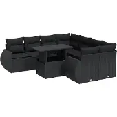 vidaXL 9-delige tuinmeubelset met kussens, zwart, polyrotan
