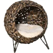 PawHut Kattenhuis met kussen kattenslaapplaats kattengrot verhoogde poten PE-rotan D30-245V01 - 54x58 cm - bruin