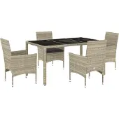 vidaXL 5-delige Tuinset met kussens poly rattan en glas lichtgrijs