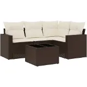 vidaXL 5-delige Loungeset met kussens poly rattan bruin