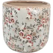 Clayre & Eef Keramiek Bloempot voor Binnen – Roze Bloemen – Rustieke Pot – Ø 19 cm – Bloemenmotief