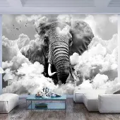 Karo-art Fotobehang - Olifant in de wolken, ( zwart-wit )