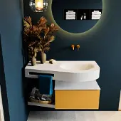 Mondiaz riva 100 cm badmeubel onderkast /planchet kleur ocher met 1 lade. Wastafel dulcet rechts 0 kraangaten kleur talc.