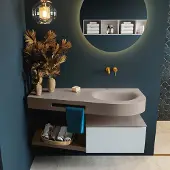 Mondiaz riva 120 cm badmeubel onderkast /planchet kleur clay met 1 lade. Wastafel dulcet rechts 0 kraangaten kleur smoke.