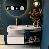 Mondiaz riva 120 cm badmeubel onderkast /planchet kleur underlayment met 1 lade. Wastafel dulcet links 1 kraangat kleur linen.