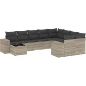 vidaXL 10-delige Loungeset met kussens poly rattan lichtgrijs