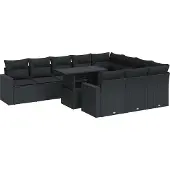 vidaXL 11-delige tuinmeubelset met kussens, zwart, polyrotan