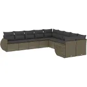 vidaXL 10-delige Loungeset met kussens poly rattan lichtgrijs