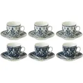 J-Line Doos met 6 koffiekopjes + schotels Bladeren Keramiek Donkerblauw