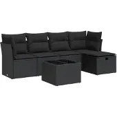 vidaXL 6-delige Loungeset met kussens poly rattan zwart