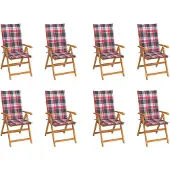 vidaXL Verstelbare klapstoelen met kussens, 8 stuks, massief teakhout